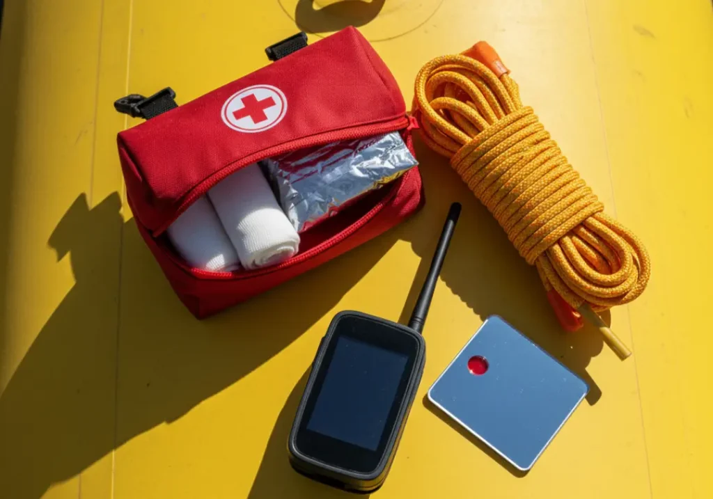A close-up smartphone photo of a satellite messenger, first-aid kit, and rescue rope laid out on a raft, representing a modern safety toolkit.