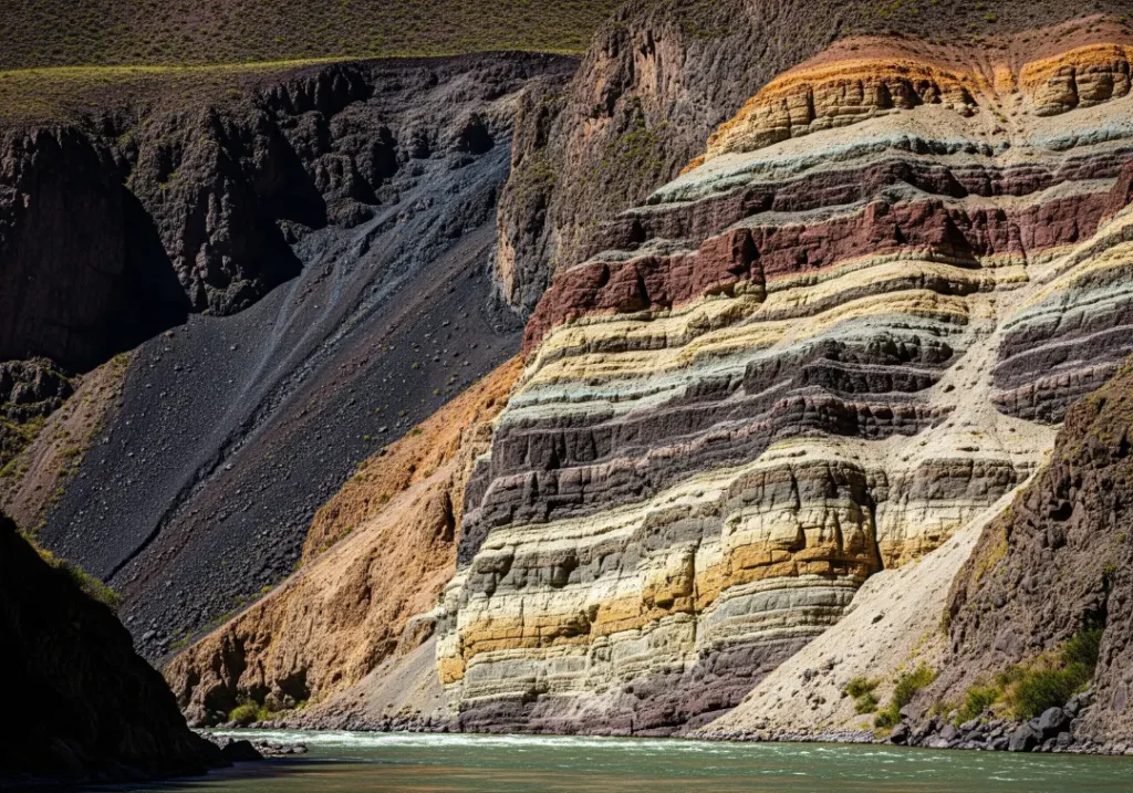 A detailed smartphone photo showing the colorful and complex geological layers of the Cotahuasi Canyon wall next to the river.