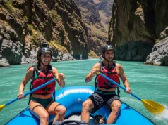 Rafting Cotahuasi: The Definitive Expedition Blueprint A full-body shot of a fit man and woman in their late 20s rafting in helmets and PFDs through the massive Cotahuasi Canyon, captured with a smartphone aesthetic.