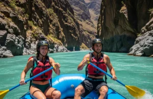 Rafting Cotahuasi: The Definitive Expedition Blueprint A full-body shot of a fit man and woman in their late 20s rafting in helmets and PFDs through the massive Cotahuasi Canyon, captured with a smartphone aesthetic.