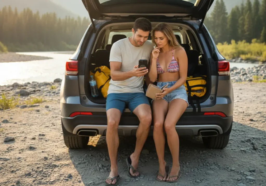 A full-body shot of a couple sitting on their SUV's tailgate by a river, thoughtfully calculating how much to tip their guide after a raft trip.
