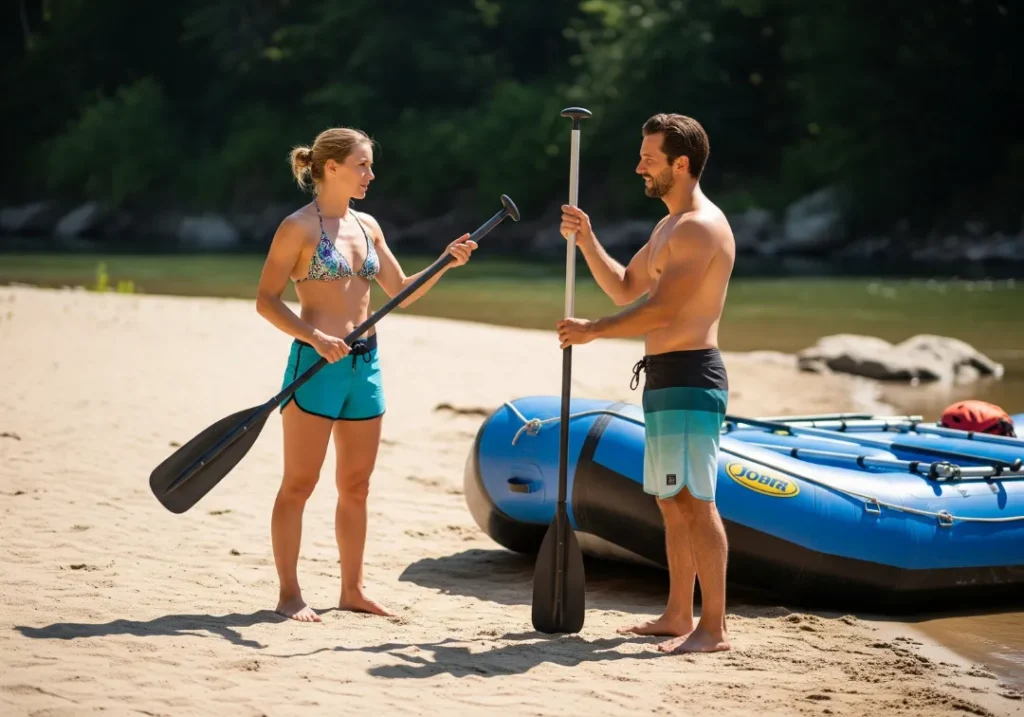 A young couple in their late 20s stands on a riverbank, comparing two different rafting paddles before their trip.