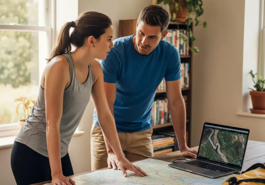 Full-body shot of a man and woman in their late 20s planning a trip over a table with maps and rafting gear.