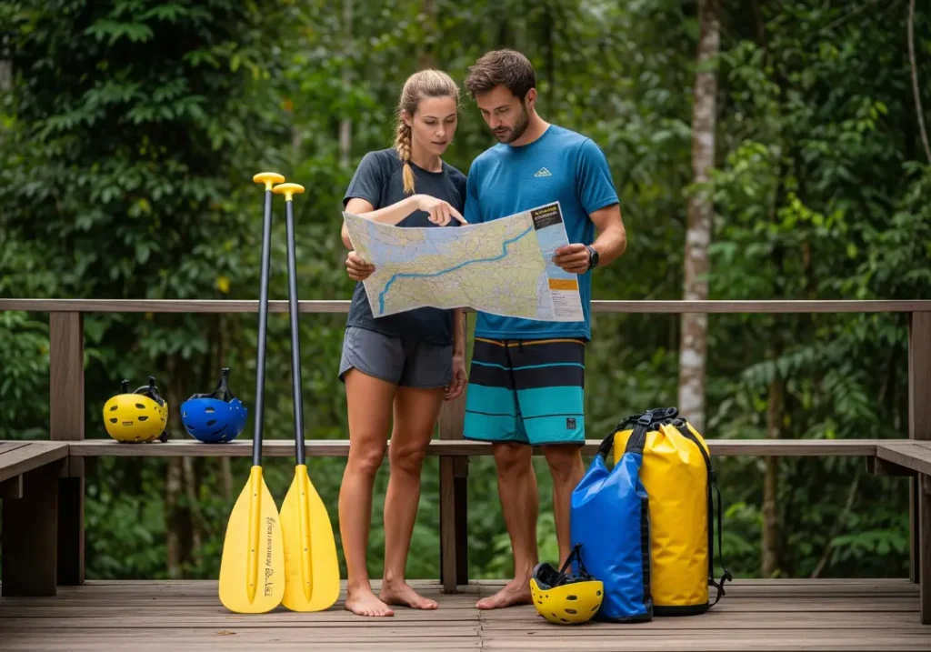 A full-body shot of an athletic couple in their late 20s looking at a river map on the deck of a jungle lodge, with rafting gear beside them.