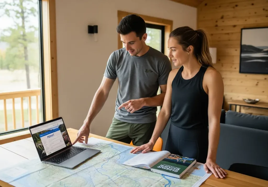 A full-body shot of a young couple in a cabin, analyzing a river map and laptop to plan their next rafting adventure.