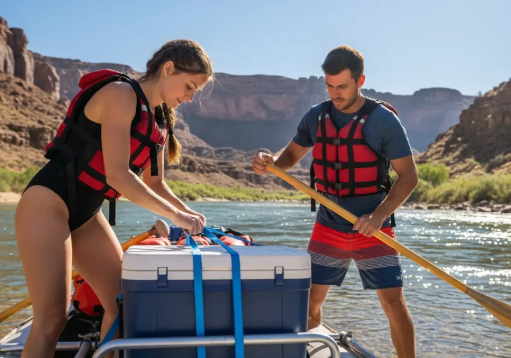 A full-body shot of a competent couple wearing PFDs as they work together to prepare and load their whitewater raft on a riverbank.