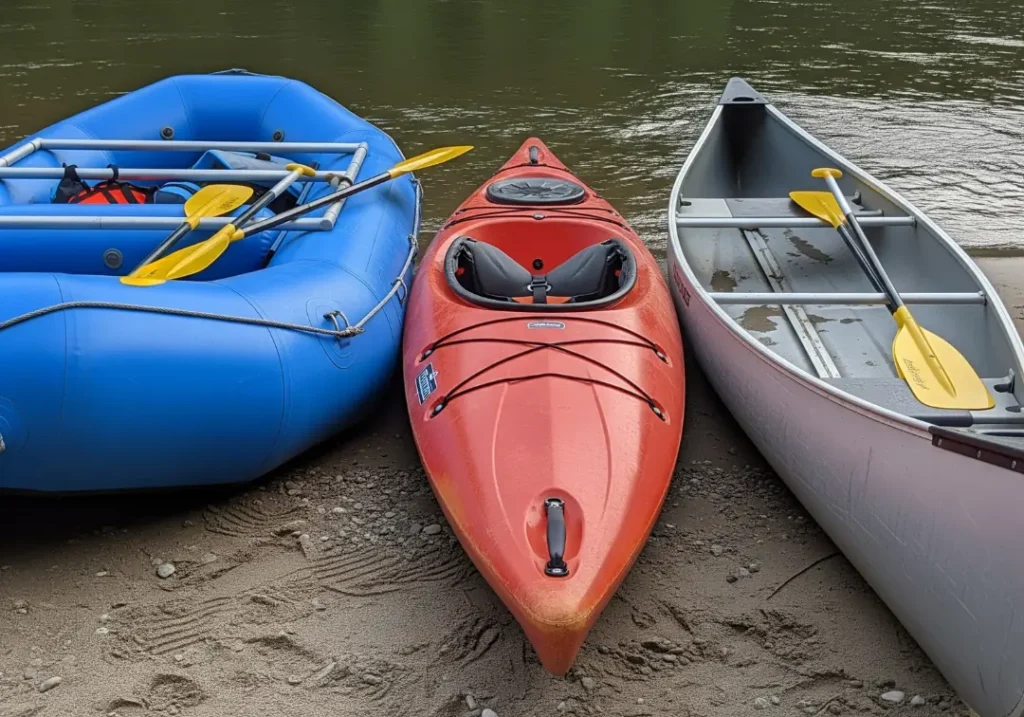 A raft, a whitewater kayak, and a canoe pulled up next to each other on a riverbank for comparison.