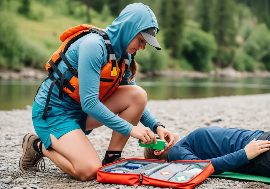 A trained female river guide in her late 20s practices wilderness first aid skills, performing a patient assessment on a riverbank.