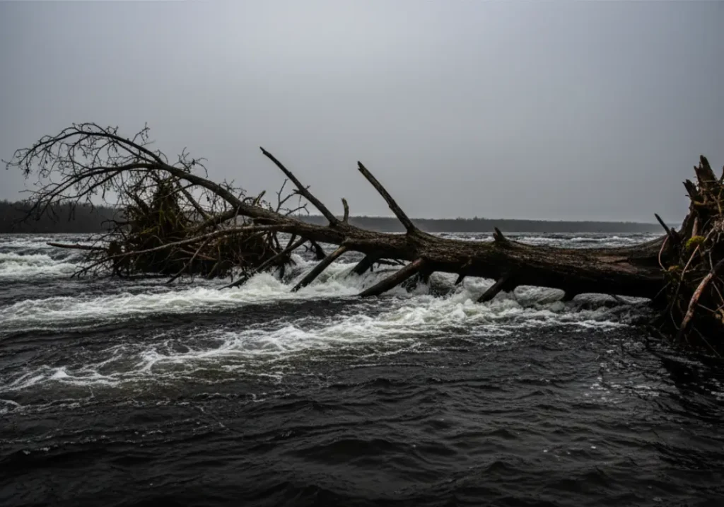 A close-up shot of a dangerous river strainer, showing a fallen tree with fast water rushing through its branches.