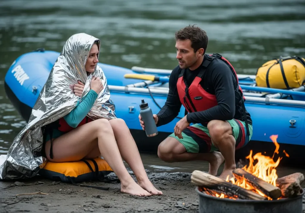 On a riverbank, a man cares for a woman wrapped in a silver emergency blanket as they wait for rescue.