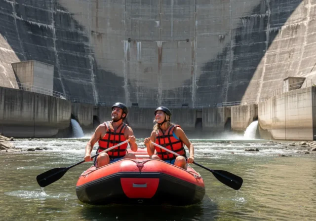 dam-affecting-river-flow A man and woman in a whitewater raft on a sunny river, looking up at the massive concrete wall of a hydroelectric dam.