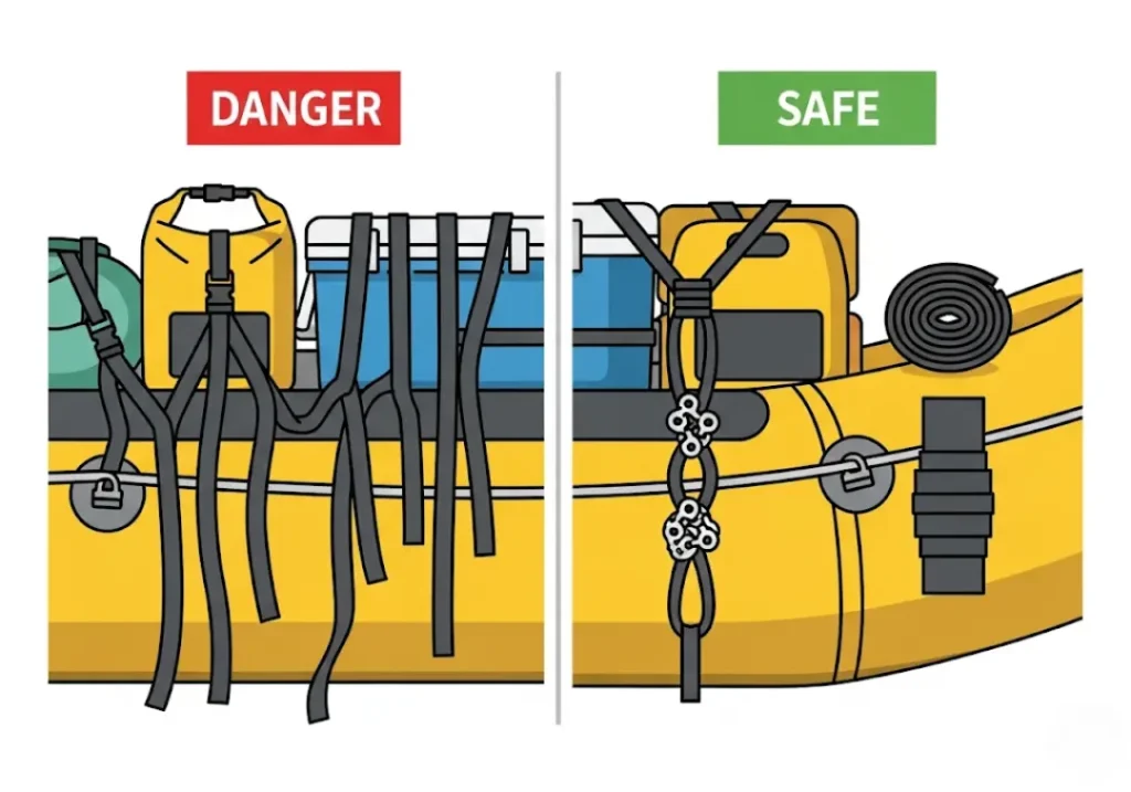 A two-panel infographic comparing unsafe and safe strap management to prevent danger ropes. The left panel is labeled 'DANGER' and shows long, dangling strap tails creating hazardous loops on a raft. The right panel, labeled 'SAFE,' shows the same straps with the excess webbing neatly daisy-chained and rolled up.