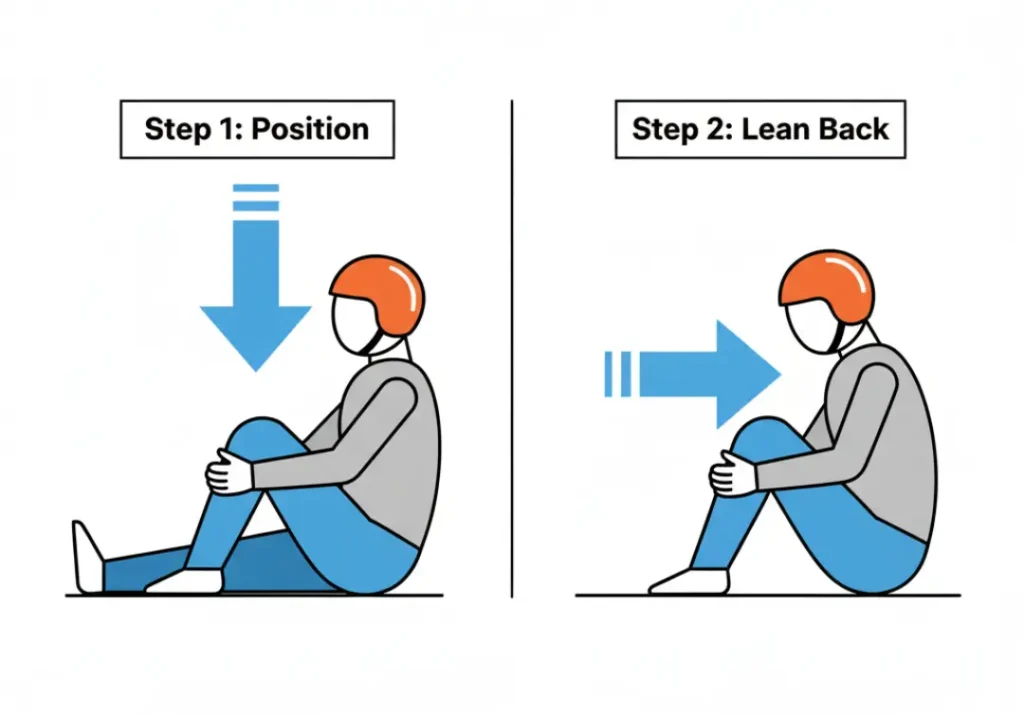 A two-step infographic demonstrating the Davos self-reduction technique for a dislocated shoulder. Step 1 shows a person sitting and clasping their hands around their bent knee. Step 2 shows them leaning back to use body weight for traction.