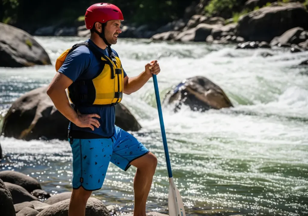 A male river guide in full gear stands on the shore, intently studying a difficult rapid before proceeding.