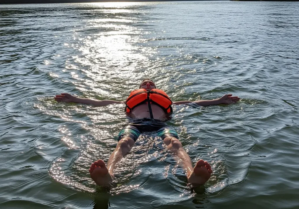A man in boardshorts and a life jacket demonstrates the defensive swimming position, floating on his back with feet downstream in a river.