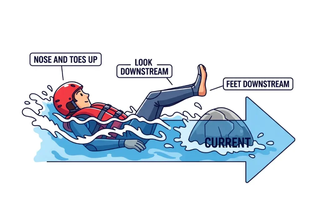 A diagram illustrating the defensive swimming position for whitewater safety. A cartoon person floats on their back with feet downstream to fend off rocks, with labels indicating 'Nose and Toes Up', 'Look Downstream', and the direction of the 'Current'.