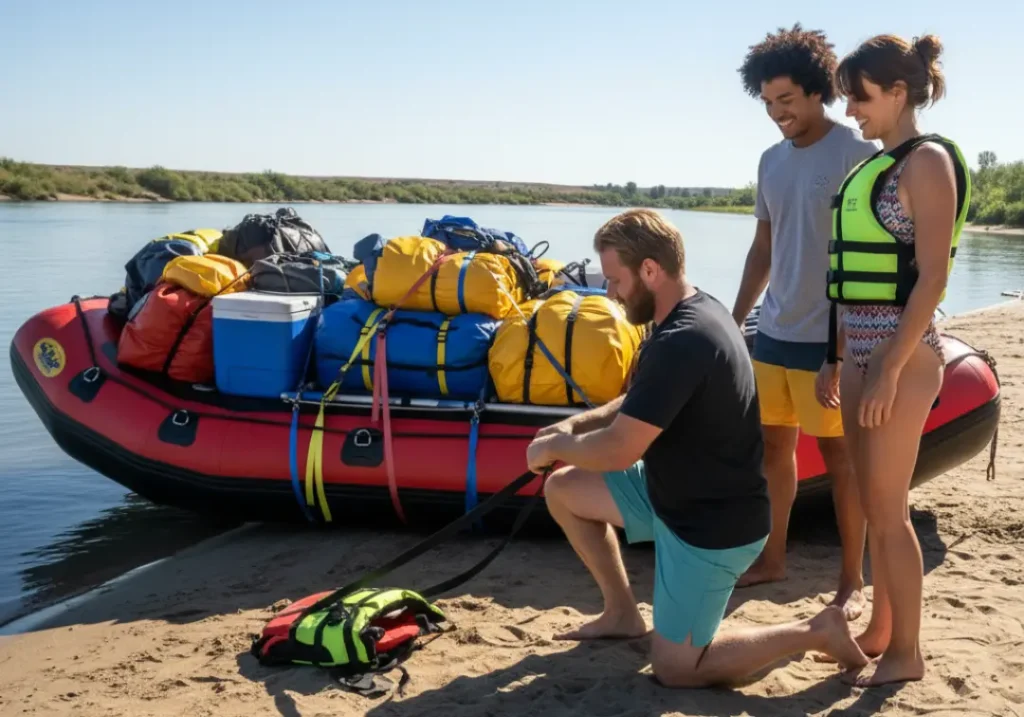 A full-body shot of three fit friends in their late 20s preparing their gear-laden raft on a sandy riverbank before an expedition.