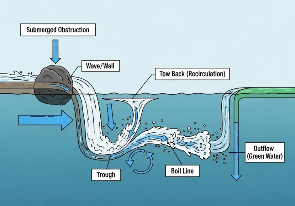 A clear diagram illustrating the anatomy of a hydraulic hole in a river. The cross-section shows water flowing over a submerged obstruction, creating a wave, trough, a recirculating tow back current, a boil line, and a final calm outflow.
