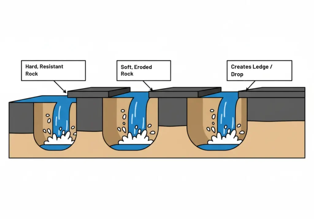A diagram explaining differential erosion. It shows a river flowing over alternating layers of hard and soft rock. The soft rock is eroded away, creating a step or ledge where the water tumbles over the more resistant hard rock.