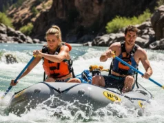 Dislocated Shoulder: River First Aid & Field Reduction Tips A fit couple in their late 20s whitewater rafting, illustrating a scenario where a shoulder injury could occur on the river