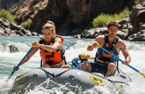 Dislocated Shoulder: River First Aid & Field Reduction Tips A fit couple in their late 20s whitewater rafting, illustrating a scenario where a shoulder injury could occur on the river
