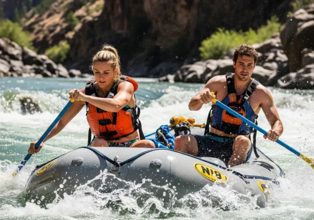 dislocated-shoulder-rafting-first-aid A fit couple in their late 20s whitewater rafting, illustrating a scenario where a shoulder injury could occur on the river