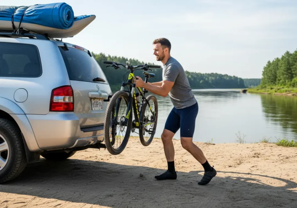 A man unloads his mountain bike from his car at a river access point, preparing for a bike shuttle.