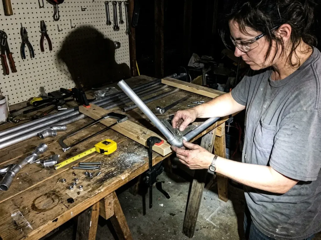 Building a DIY raft frame from aluminum tubing and fittings in a home garage