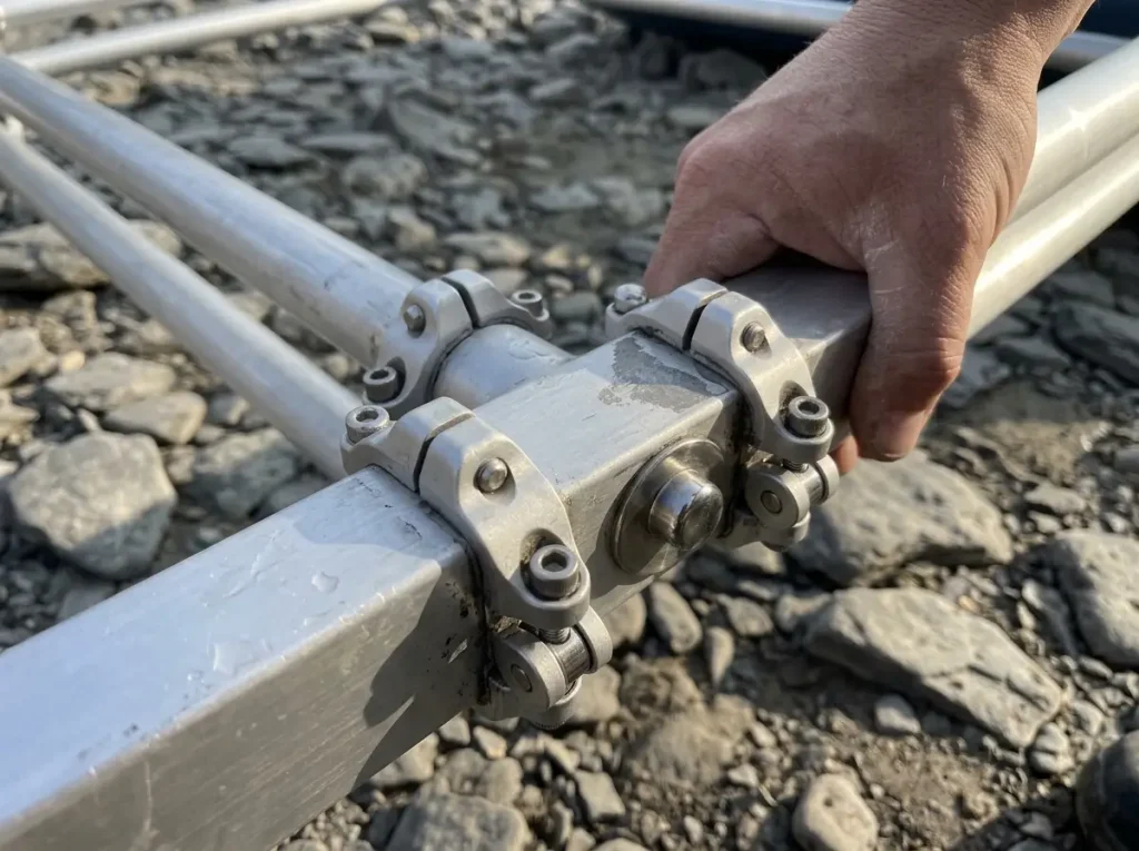 Close-up of a Sotar double-rail raft frame corner with modular LoPro clamp fittings