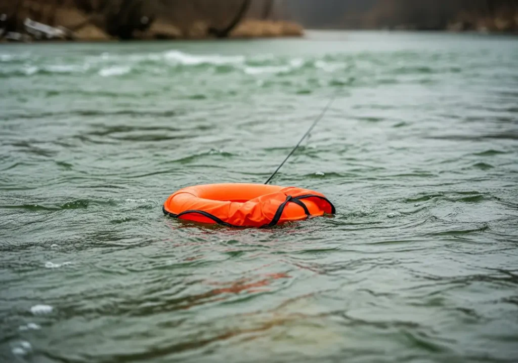 An orange personal flotation device floats empty in the swift current of a cold river, symbolizing hidden danger.