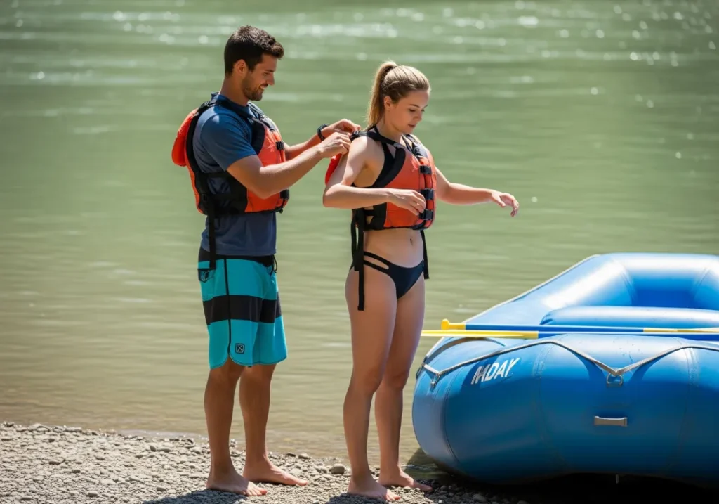 A full-body shot of a man helping a woman in a bikini correctly fit her life jacket on a riverbank before rafting.