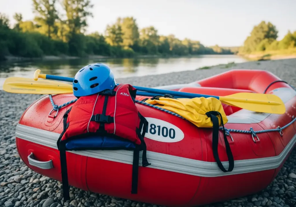 Essential whitewater rafting gear including a helmet, PFD, paddle, and throw bag arranged on a raft by the river.
