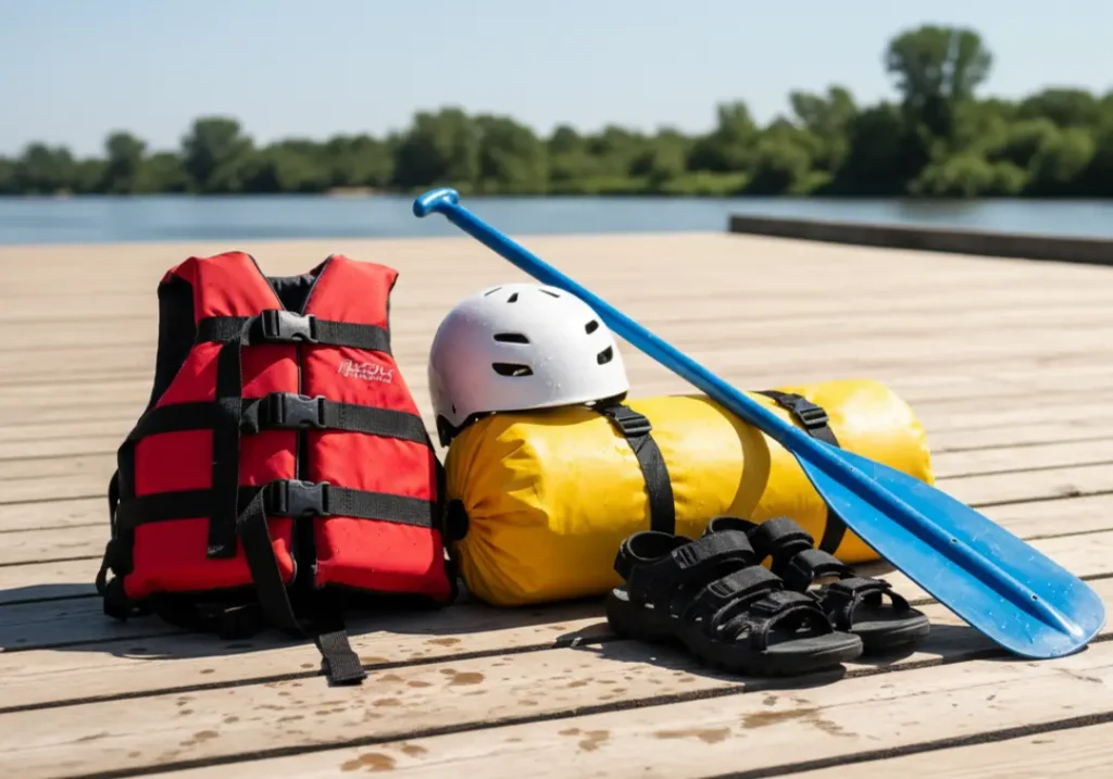 A flat lay of essential whitewater rafting gear, including a PFD, helmet, paddle, and dry bag, arranged on a wooden dock.