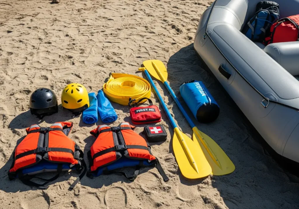 Essential whitewater rafting safety gear, including PFDs, helmets, and a throw bag, neatly arranged on a sandy riverbank.