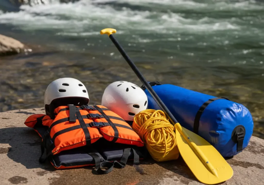 Essential whitewater rafting gear, including a PFD, helmet, paddle, and throw bag, arranged on a rock beside a river.