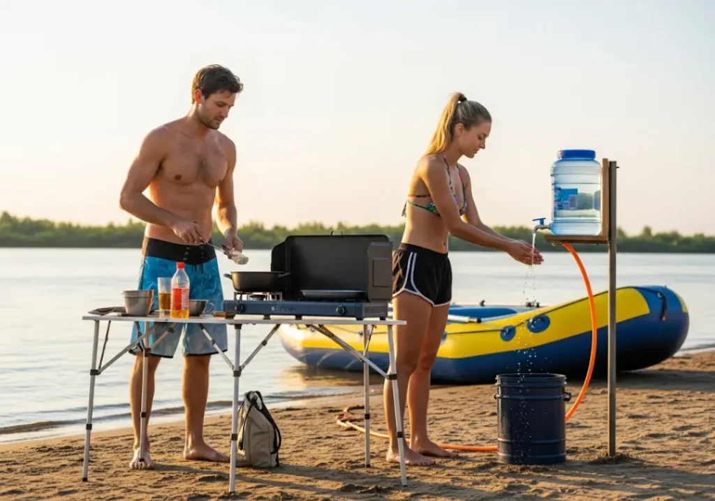 A couple demonstrates ethical food safety at their river camp kitchen, with one cooking and the other using a handwashing station.