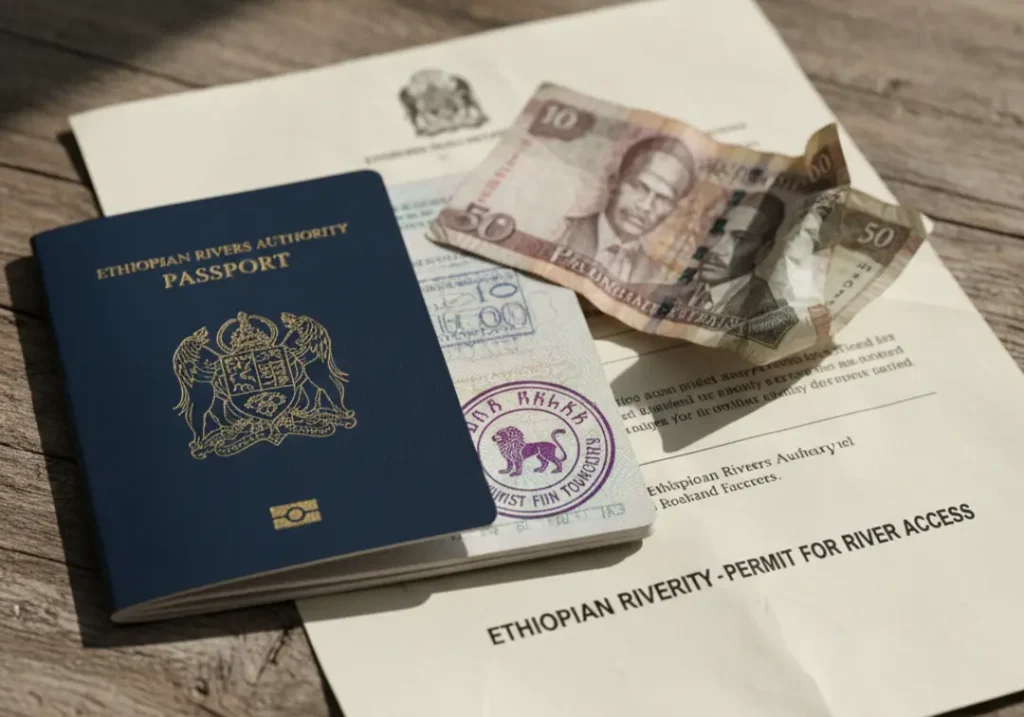 A close-up of a passport with an Ethiopian visa, an official permit document, and local currency on a wooden table.