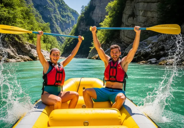 european-river-rafting-guide A fit young couple in a whitewater raft celebrate with paddles in the air on a beautiful emerald river in Europe.