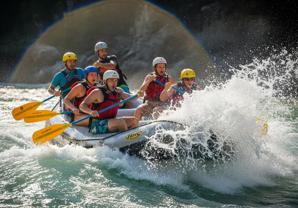A full-body action shot of a rafting crew navigating a large, explosive rapid on a powerful European river.