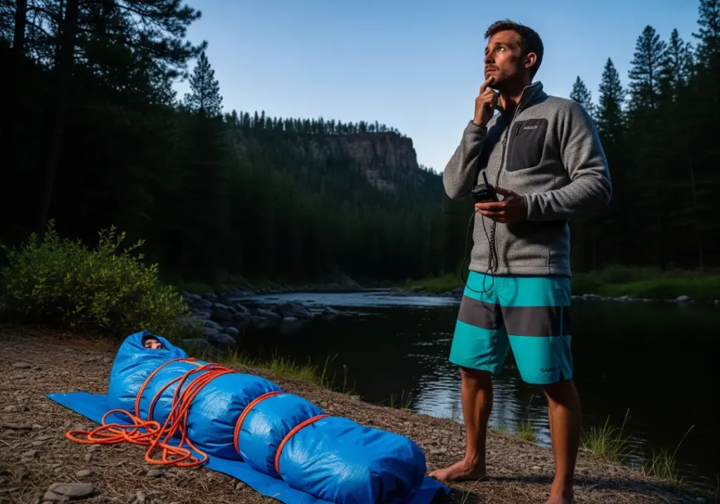 A full-body shot of a trip leader standing over a packaged hypothermia victim on a riverbank, contemplating the decision to evacuate.