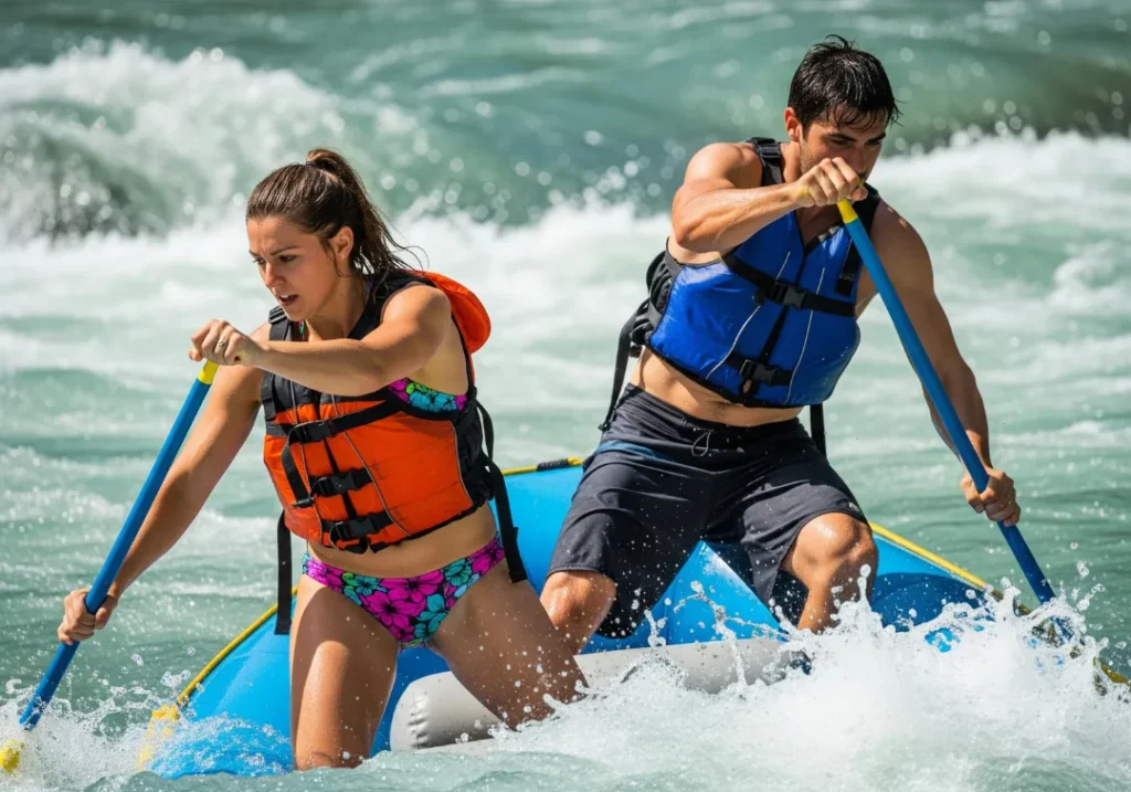 A full-body shot of a man and woman in a raft, leaning hard into the turn as they execute a perfect eddy catch.