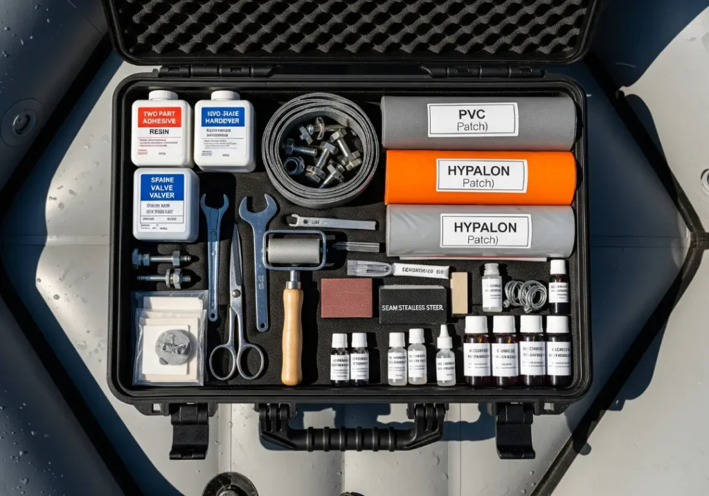 A well-organized expedition raft repair kit laid out in a waterproof case on the deck of a raft.