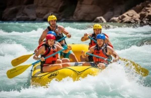 An Expert Analysis of Critical Rafting Paddling Mistakes A full-body action shot of a fit group of four rafters in their late 20s navigating a challenging whitewater rapid.