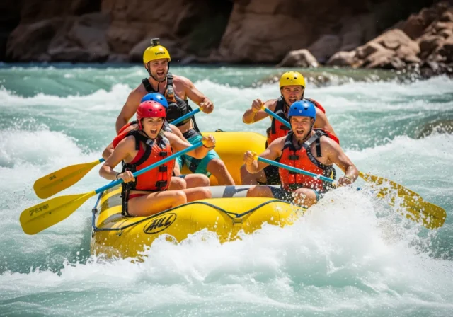 expert-analysis-rafting-mistakes A full-body action shot of a fit group of four rafters in their late 20s navigating a challenging whitewater rapid.