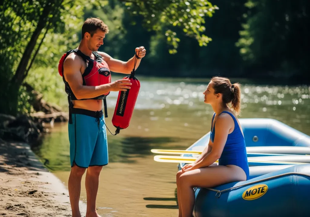 A male river guide in a full-body shot explains a throw bag to a woman in a swimsuit sitting on a raft on a riverbank.