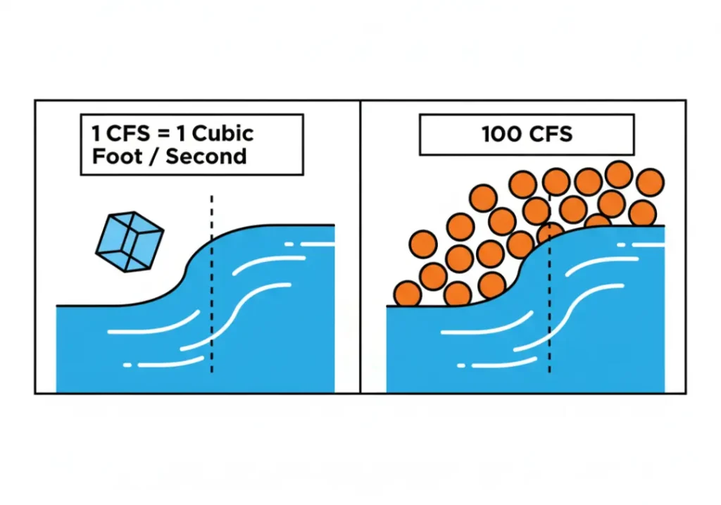 A two-panel infographic explaining Cubic Feet per Second (CFS) in a minimalist cartoon style. The left panel shows one cube of water passing a line, labeled '1 CFS = 1 Cubic Foot / Second.' The right panel shows many basketballs flowing past the same line, labeled '100 CFS,' to visualize a higher flow rate.