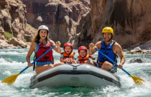 Best Family Rafting Companies: A Data-Backed Guide A full-body shot of a happy family with two young children rafting down a sunny river, all wearing life jackets and smiling.
