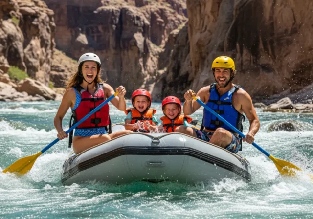 family-rafting-adventure A full-body shot of a happy family with two young children rafting down a sunny river, all wearing life jackets and smiling.