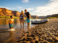 Data-Driven Guide to Family Rafting Trips for Ages 5+ A young family with a small child enjoying a sunny day on a sandy river beach next to their raft.