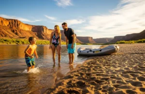 Data-Driven Guide to Family Rafting Trips for Ages 5+ A young family with a small child enjoying a sunny day on a sandy river beach next to their raft.